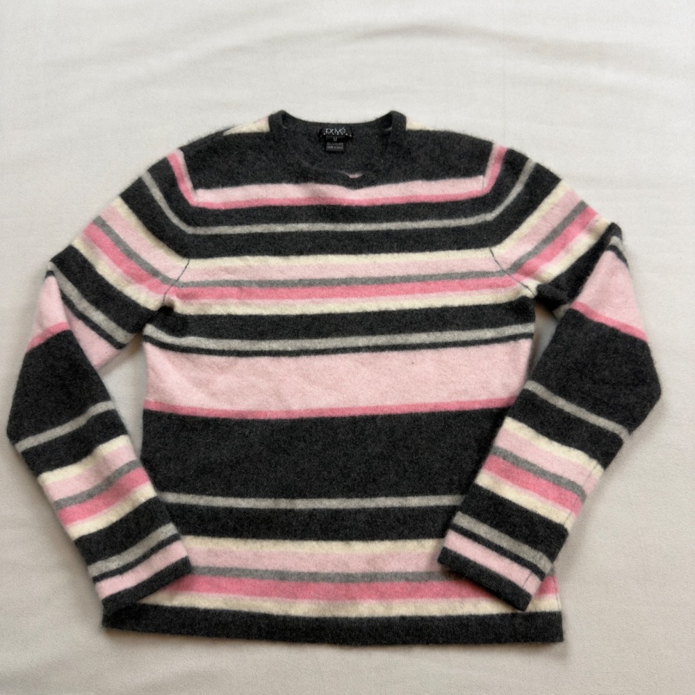Prive Cashmere Striped Sweater Womens XS-SM Pink Grey Crewneck 100% Cashmere